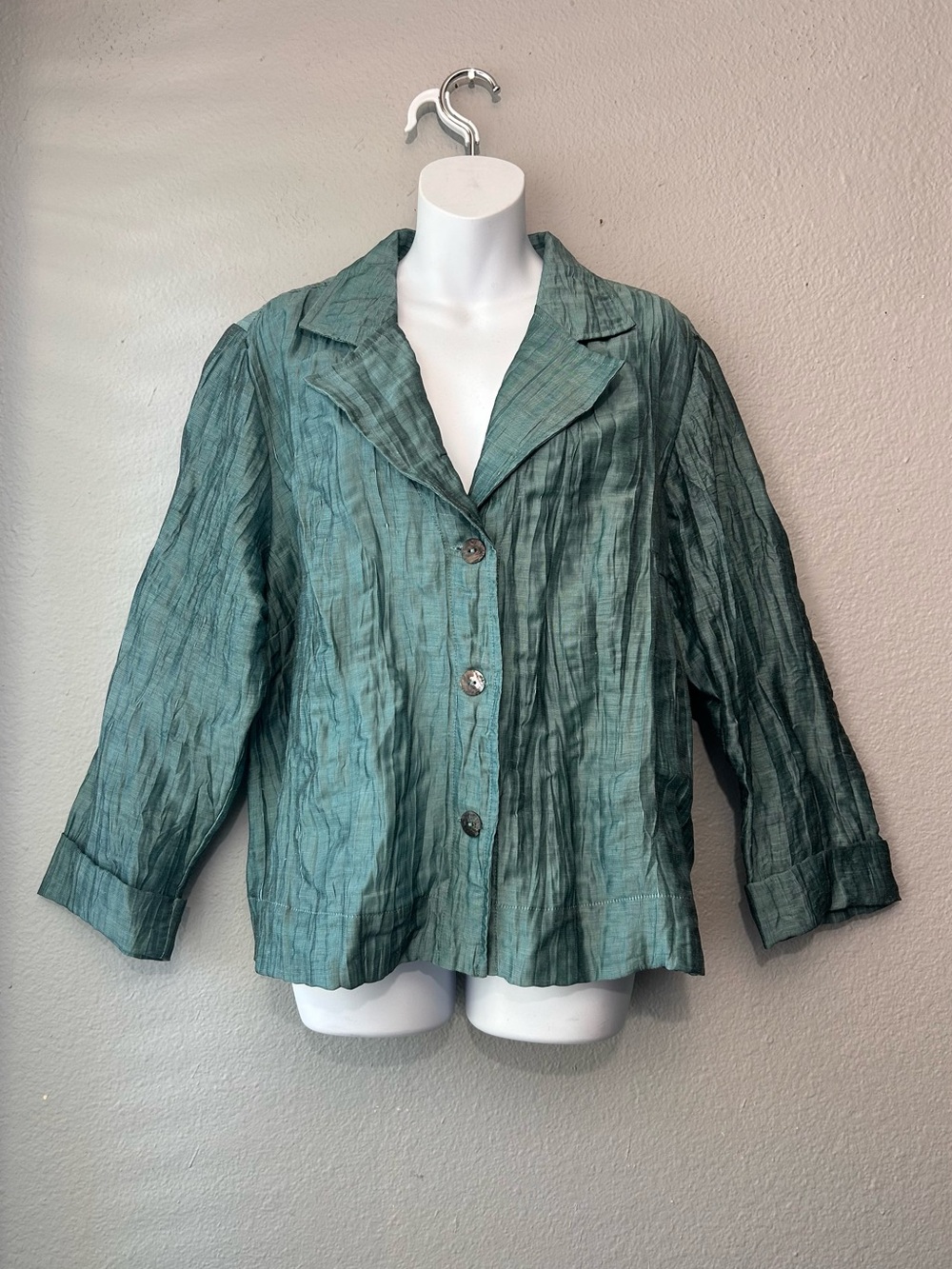 Citron Santa Monica Linen Blend Crinkle Shirt Jacket Blazer XL Turquoise Aqua